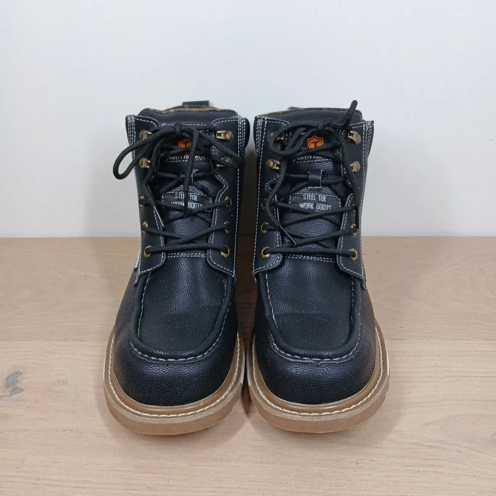 Kelodon Work Boots Mens 10 Black Leather Waterproof Moc Toe Wedge Utility